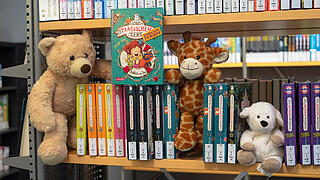 Foto von Kuscheltieren im Bücherregal