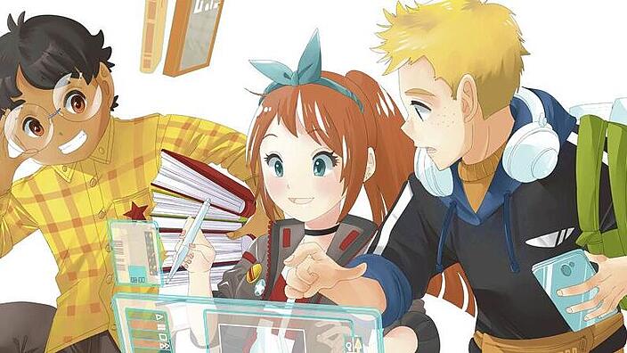 Drei Mangafiguren mit Rucksack, Kopfhörern und vielen Büchern