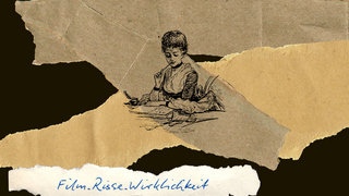 Kollage mit gezeichneter Frau, Schrift und gerissenen Blättern.