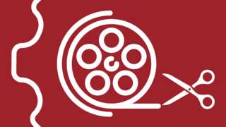 Zweifarbige Grafik mit der abstrakten Darstellung einer Filmrolle, eines Zahnrads und einer Schere, sowie dem Text: Schnitt Werkstatt