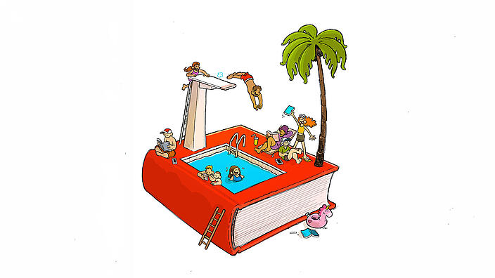 Illustration eines Buchs mit Swimmingpool im Einband und Menschen
