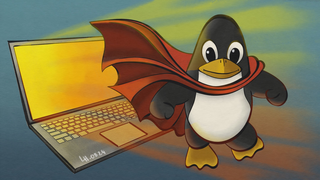 ein Comic-Pinguin vor einem Laptop