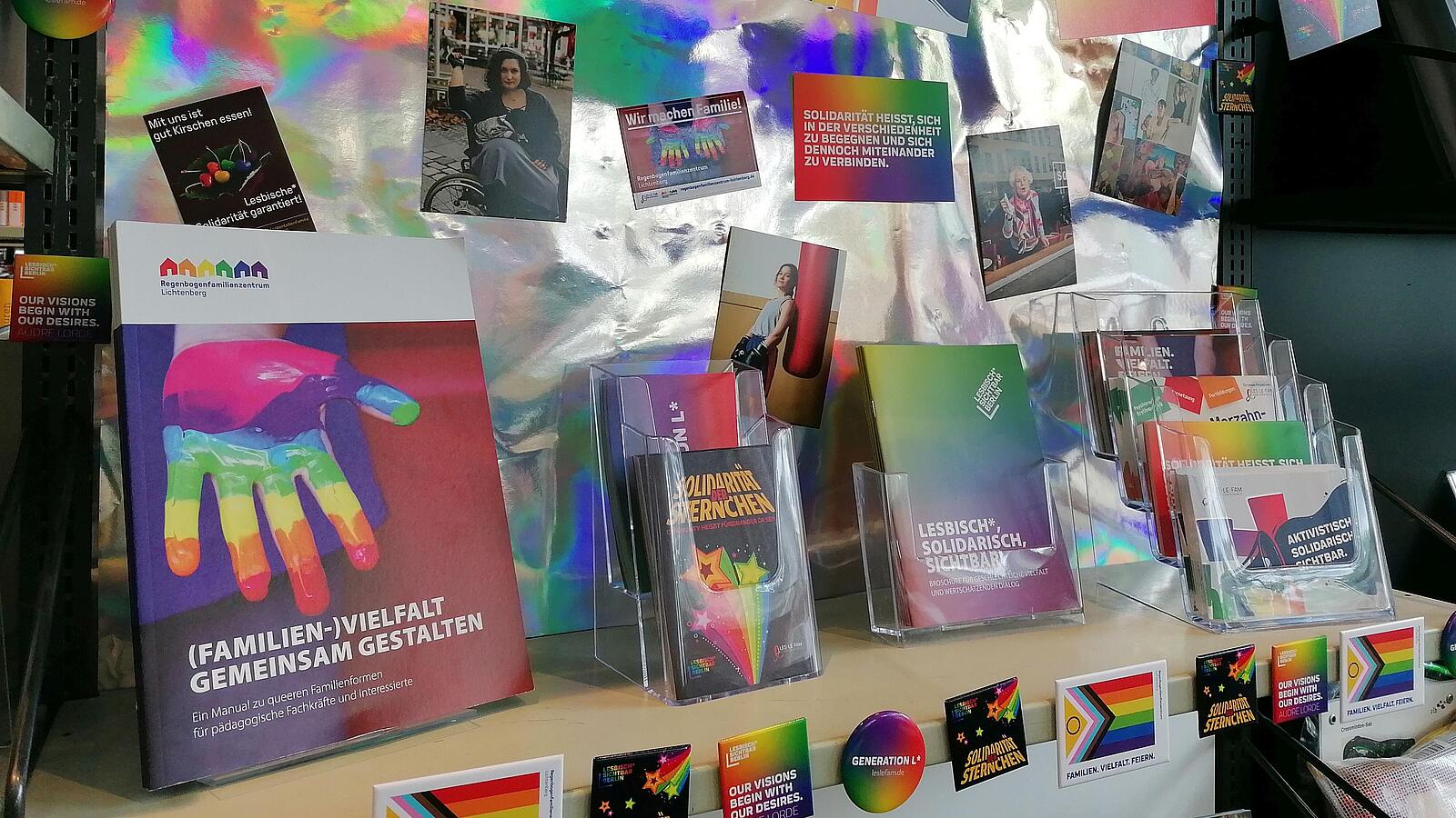 Das QueerFenster -Regal in der AGB, mit Büchern, Filmen, Medienempfehlungen
