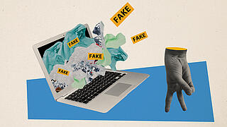 Grafik von Laptop mit Wörtern Fake und einer Hand