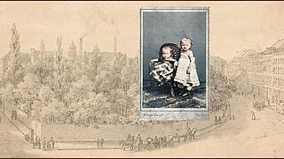 Bildcollage aus Zeichnung einer Ansicht mit Park und Häuserzeile von ca 1870 und einem historischen Porträtaufnahme zweier Kinder