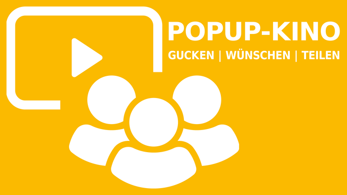 Drei stilisierte Personen vor Bildschirm in weißer Farbe vor orangenem Hintergrund, Text oben rechts: Popup-Kino, gucken, wünschen, teilen