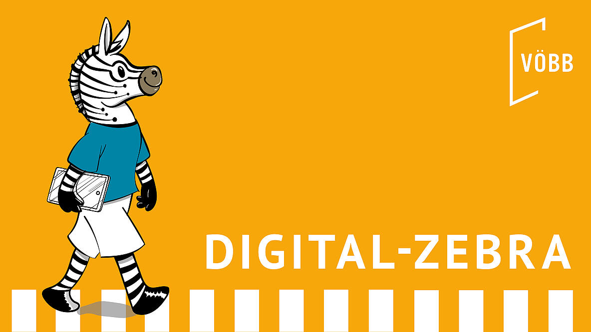 Ein Zebra läuft über einen Zebrastreifen. Rechts neben dem Zebra steht der Schriftzug "Digital-Zebra"