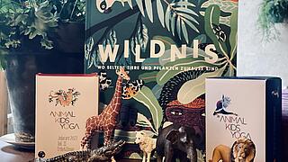 Im Vordergund sind Plastikspielfiguren einer Giraffe, eines Krokodils, eines WOlfes und eines Elefanten zu sehen. Links und rechts von ihnen stehen Pappboxen mit der Aufschrift "Animal Kids Yoga", im Hintergrund ein Bilderbuch mit dem Titel "Wildnis"