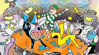 Bunte gezeichnete Comicfiguren tanzen auf dem Tisch, Comic-Cover