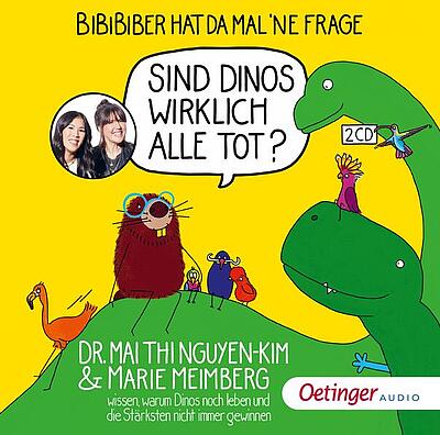 Buchcover von "BiBiBiber hat da mal ne Frage - Sind Dinos wirklich alle tot?" mit Dinos, einem Biber und anderen Tieren auf einem Grashügel auf dem Cover