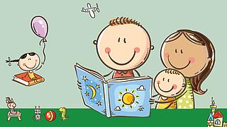 Grafik von einer Familie, Mutter, Vater, Kind, die gemeinsam in einem Kinderbuch lesen