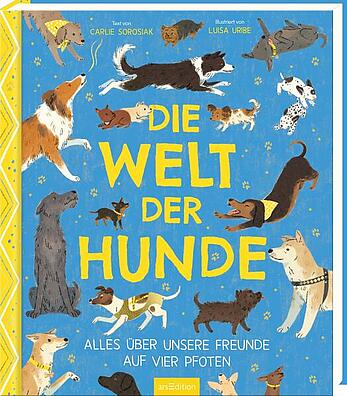 Buchcover von "Die Welt der Hunde" mit vielen Hunden auf blauem Hintergrund