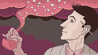 Comiczeichnung mit einer Person, die ein Reagenzglas in der Hand hält, aus dem eine pinke Wolke steigt