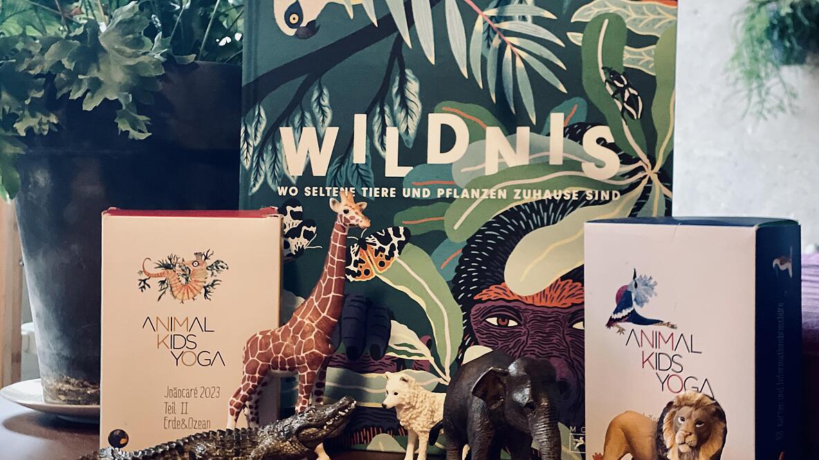 Spielzeugtiere aus dem Dschungel vor einem Buchcover mit dem Titel Wildnis
