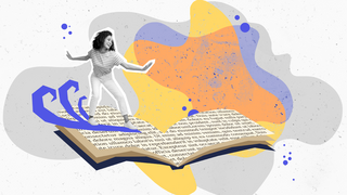Grafik einer Person, die auf einem Buch fliegt